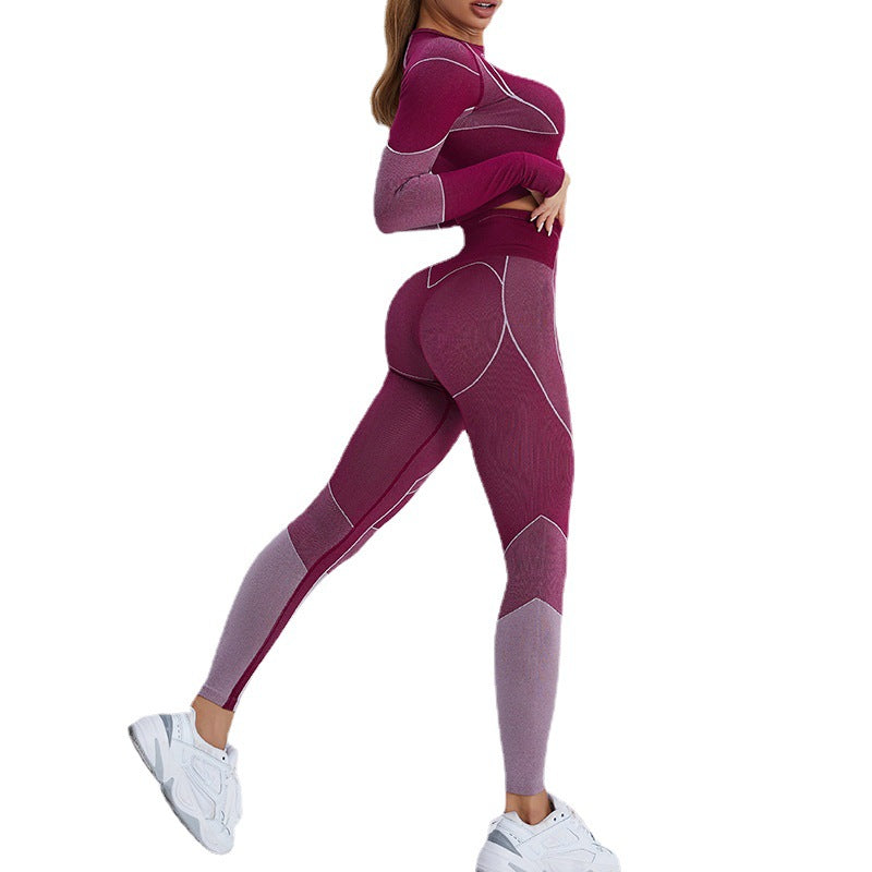 Load image into Gallery viewer, European and American cross-border new fitness suit navel exposed long-sleeved sports T-shirt peach hip-lifting high-waisted tight yoga trousers
