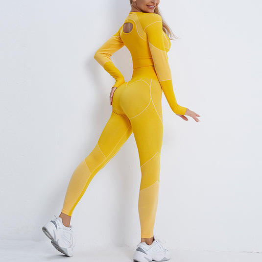 European and American cross-border new fitness suit navel exposed long-sleeved sports T-shirt peach hip-lifting high-waisted tight yoga trousers
