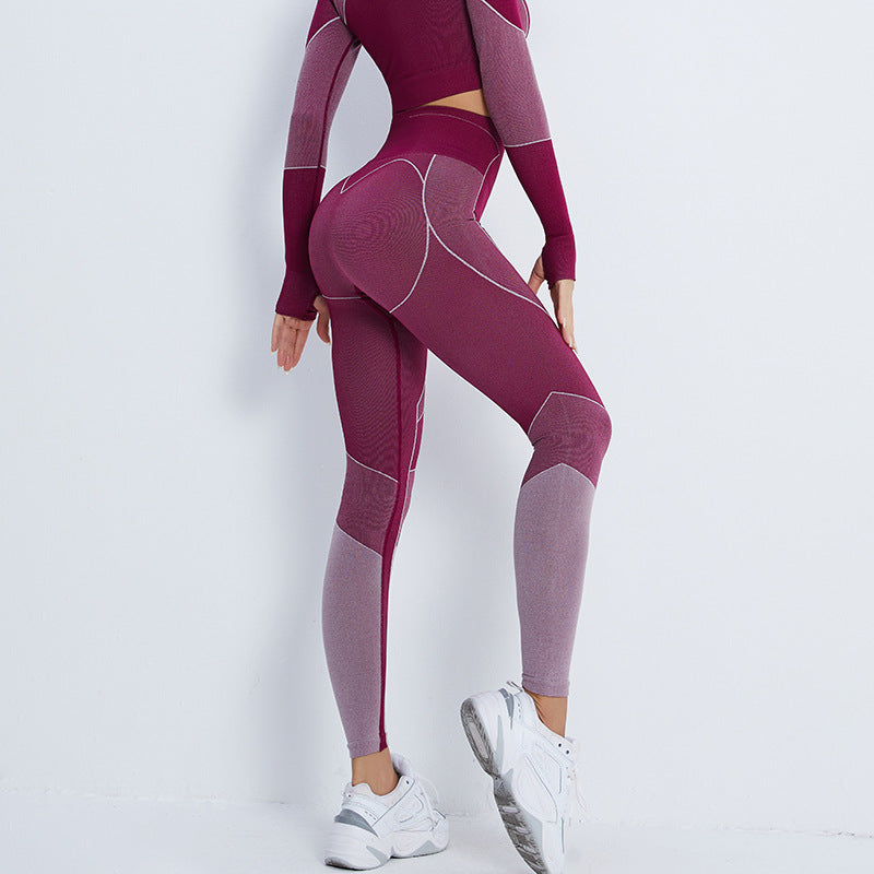 Load image into Gallery viewer, European and American cross-border new fitness suit navel exposed long-sleeved sports T-shirt peach hip-lifting high-waisted tight yoga trousers

