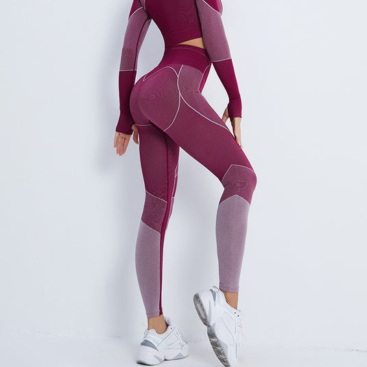 European and American cross-border new fitness suit navel exposed long-sleeved sports T-shirt peach hip-lifting high-waisted tight yoga trousers