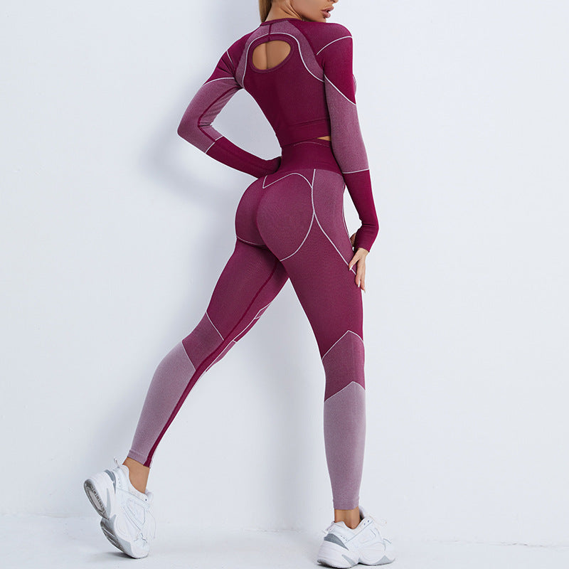 Load image into Gallery viewer, European and American cross-border new fitness suit navel exposed long-sleeved sports T-shirt peach hip-lifting high-waisted tight yoga trousers

