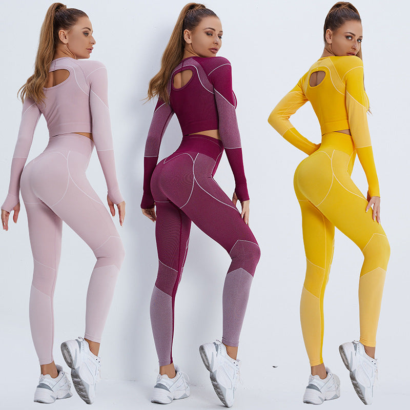 Load image into Gallery viewer, European and American cross-border new fitness suit navel exposed long-sleeved sports T-shirt peach hip-lifting high-waisted tight yoga trousers
