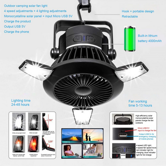 Foldable Fan Portable LED Solar Camping Lantern with Hook