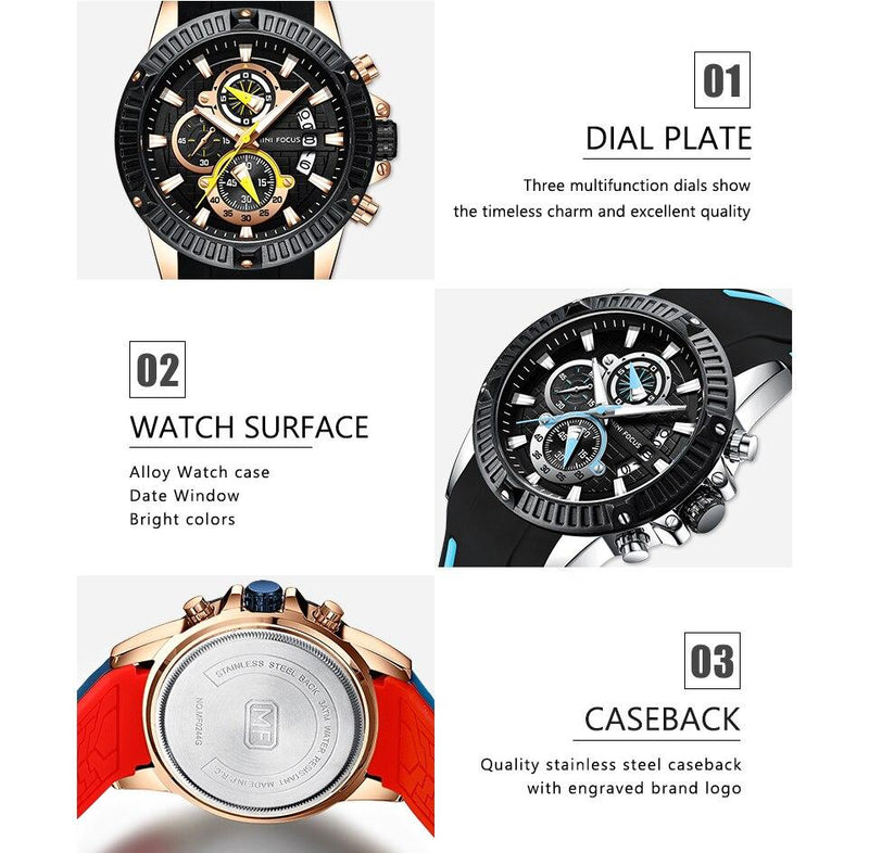 Load image into Gallery viewer, Outdoor Sport Quartz Watch Men Black 3 Sub-dial 6 Hands Multifunction
