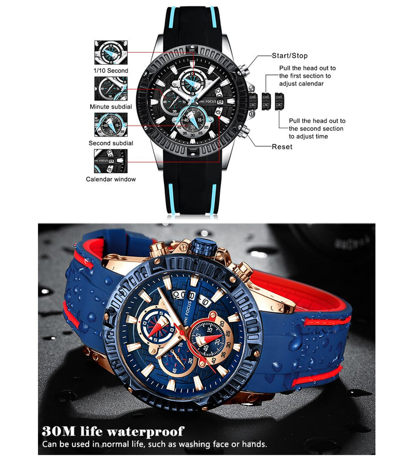 Load image into Gallery viewer, Outdoor Sport Quartz Watch Men Black 3 Sub-dial 6 Hands Multifunction
