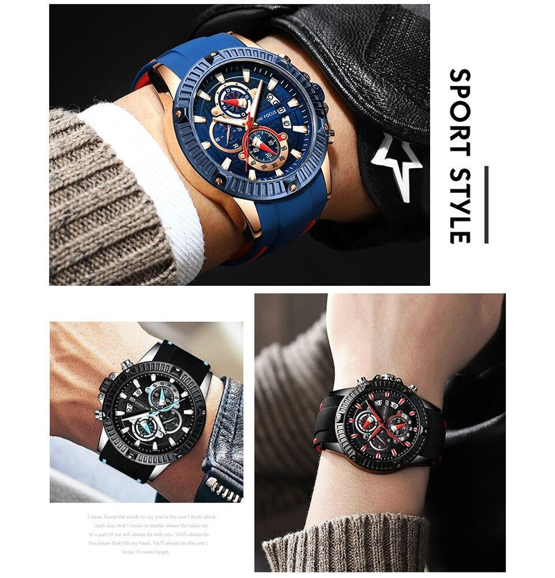 Load image into Gallery viewer, Outdoor Sport Quartz Watch Men Black 3 Sub-dial 6 Hands Multifunction
